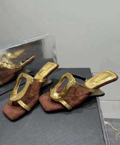 French Splicing Wedge Heels Gold Faux Leather Slide Sandals