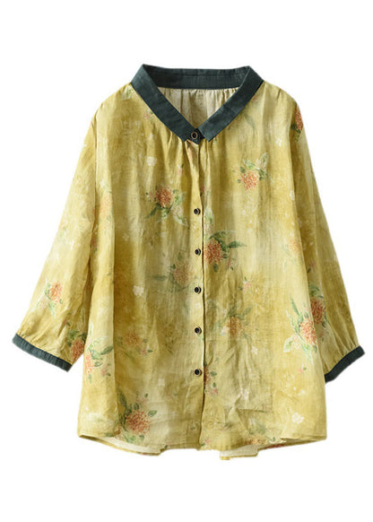 Brown Peter Pan Collar Print Button Linen Shirt Long Sleeve