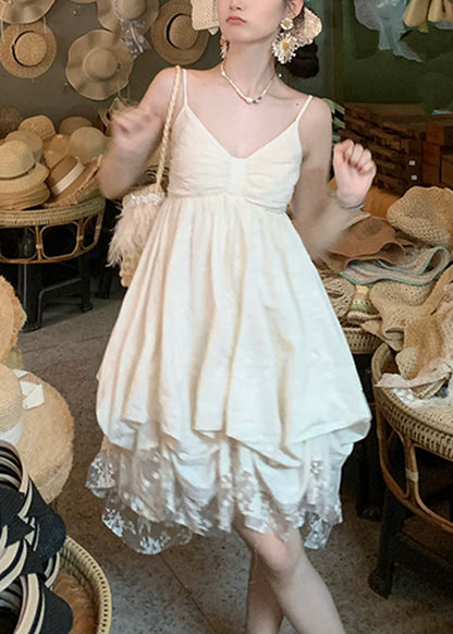 Beige V Neck Lace Cotton Mini Dresses Sleeveless