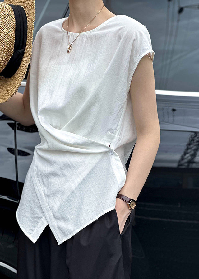 White Patchwork Button T Shirt Short Sleeve