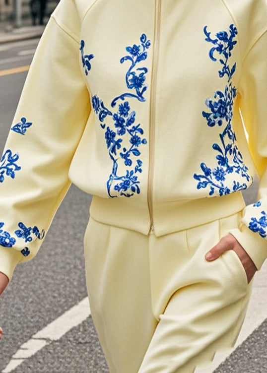 Yellow Stand Collar Print Cotton Jacket Fall