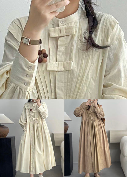 Beige Wrinkled Button Cotton Dresses Long Sleeve