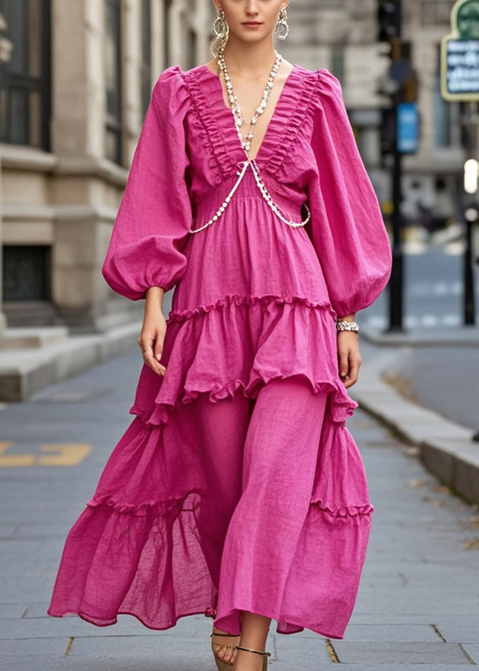 Rose V Neck Ruffled Cotton Ankle Dress Fall