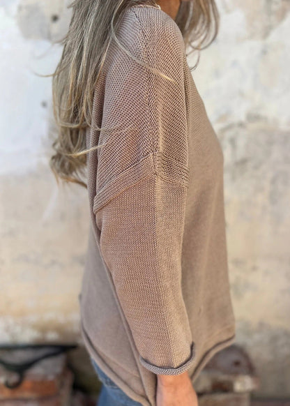 Loose Khaki V Neck Pockets Knitted Tops Fall