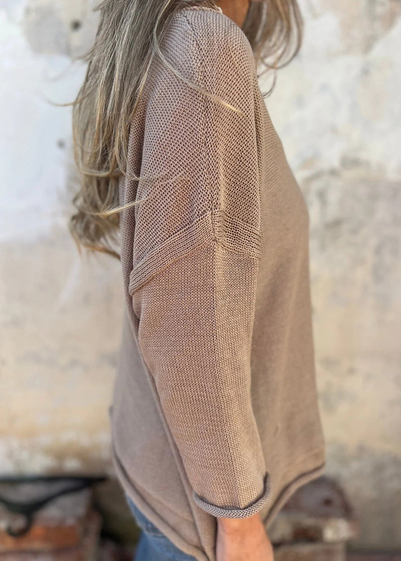 Loose Khaki V Neck Pockets Knitted Tops Fall