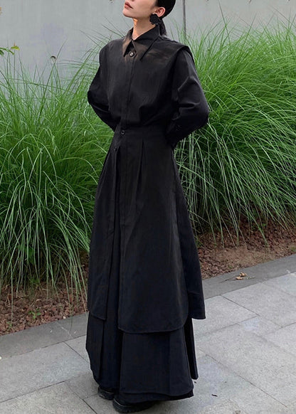 Loose Black Button Shirts and Wide Leg Pants Cotton Two Pieces Set Spring