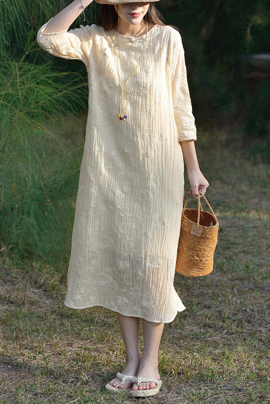 Summer Ramie Embroidered Dress Apricot Texture Maxi Dress