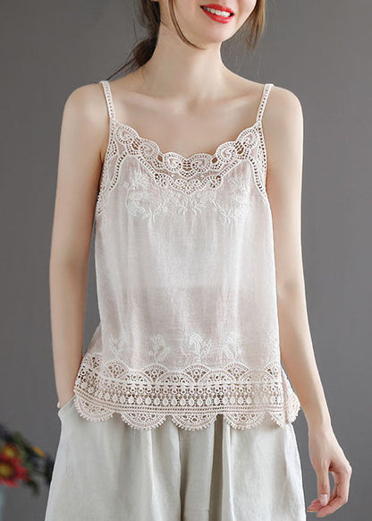 Handmade White Lace Patchwork Cotton Spaghetti Strap Tops Summer