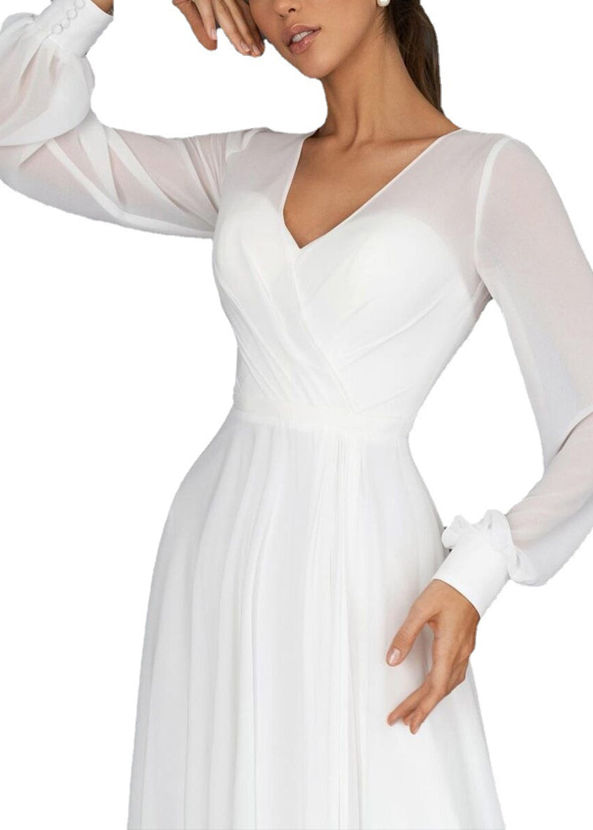 Boutique White V Neck Wrinkled Chiffon Dress Summer