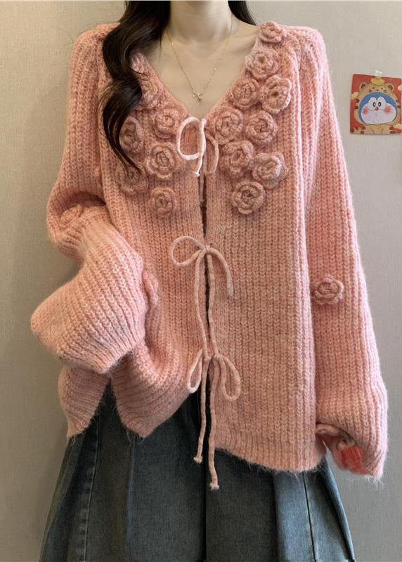 Pink Stereoscopic Thick Knit Cardigan Fall