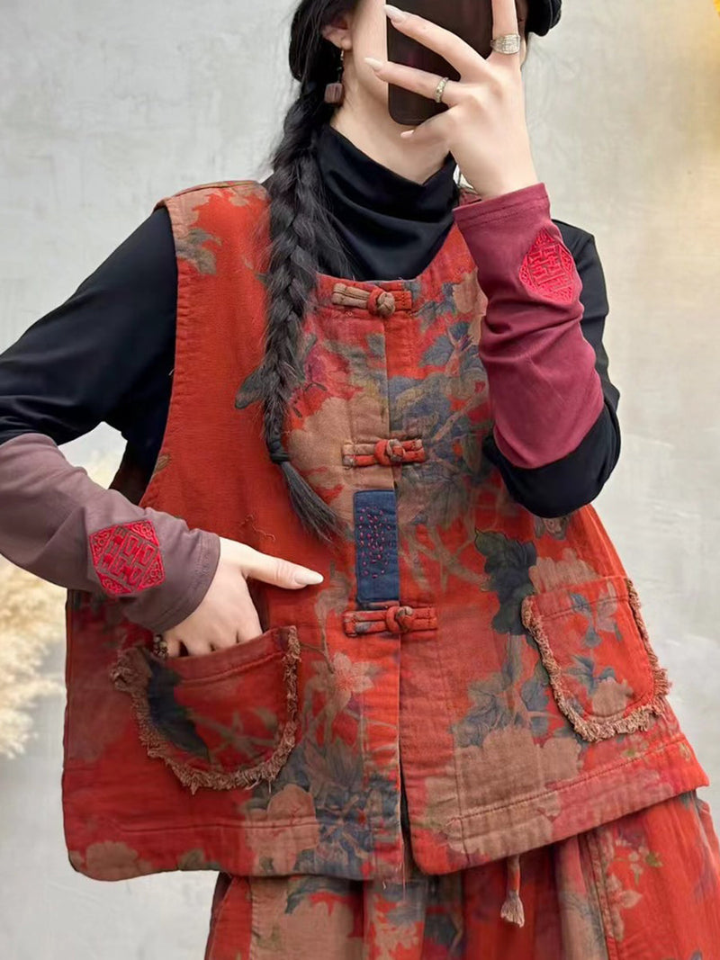 Flower Raw-edge O-neck Cotton Vest