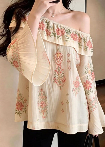 Beige Slash Neck Print Cotton Strapless Blouses Spring