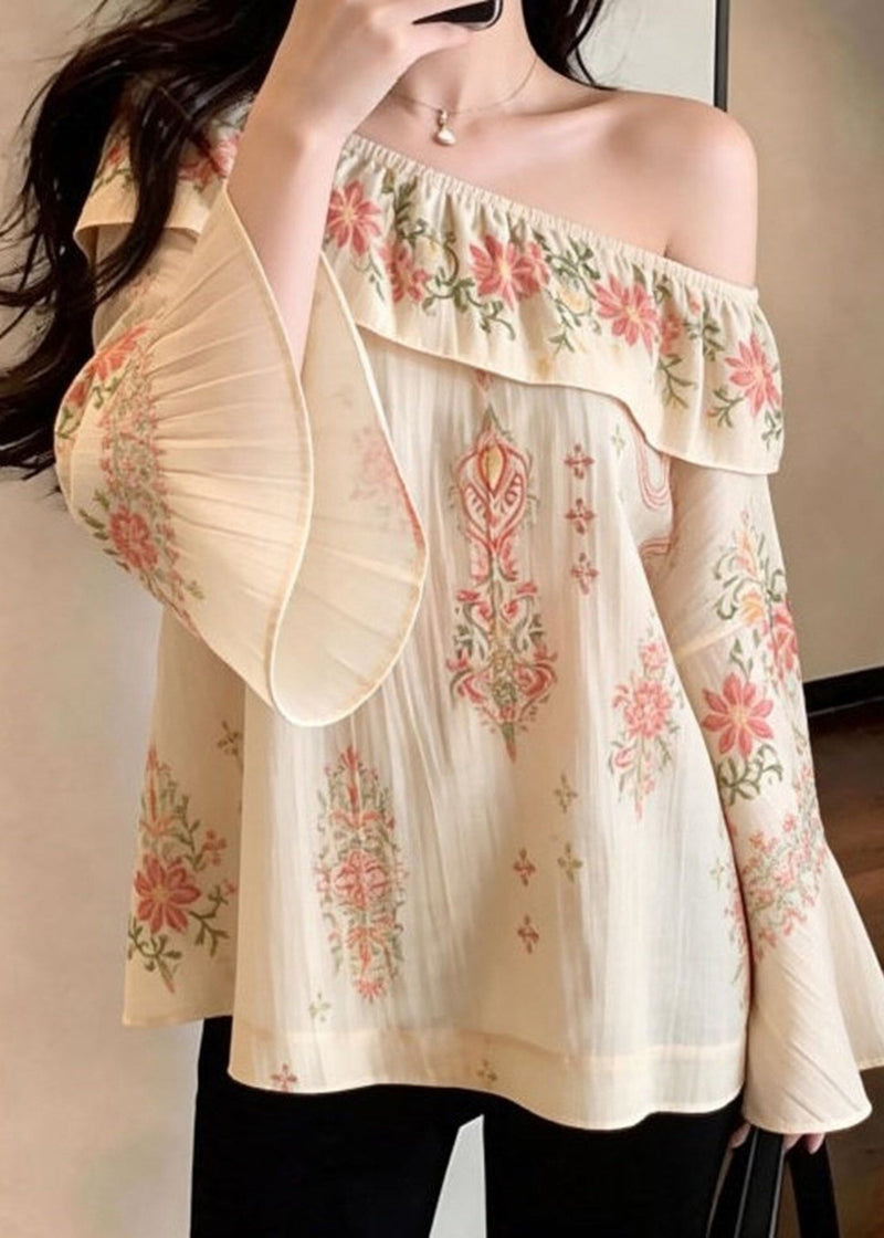 Beige Slash Neck Print Cotton Strapless Blouses Spring