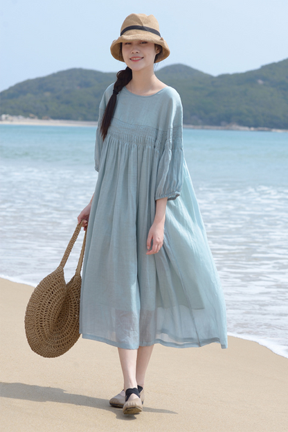 Summer Pleated Cotton Linen Dress Loose Puff Sleeve Long Dress