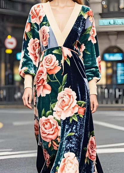 Colorblock V Neck Patchwork Print Silk Velvet Dresses Fall