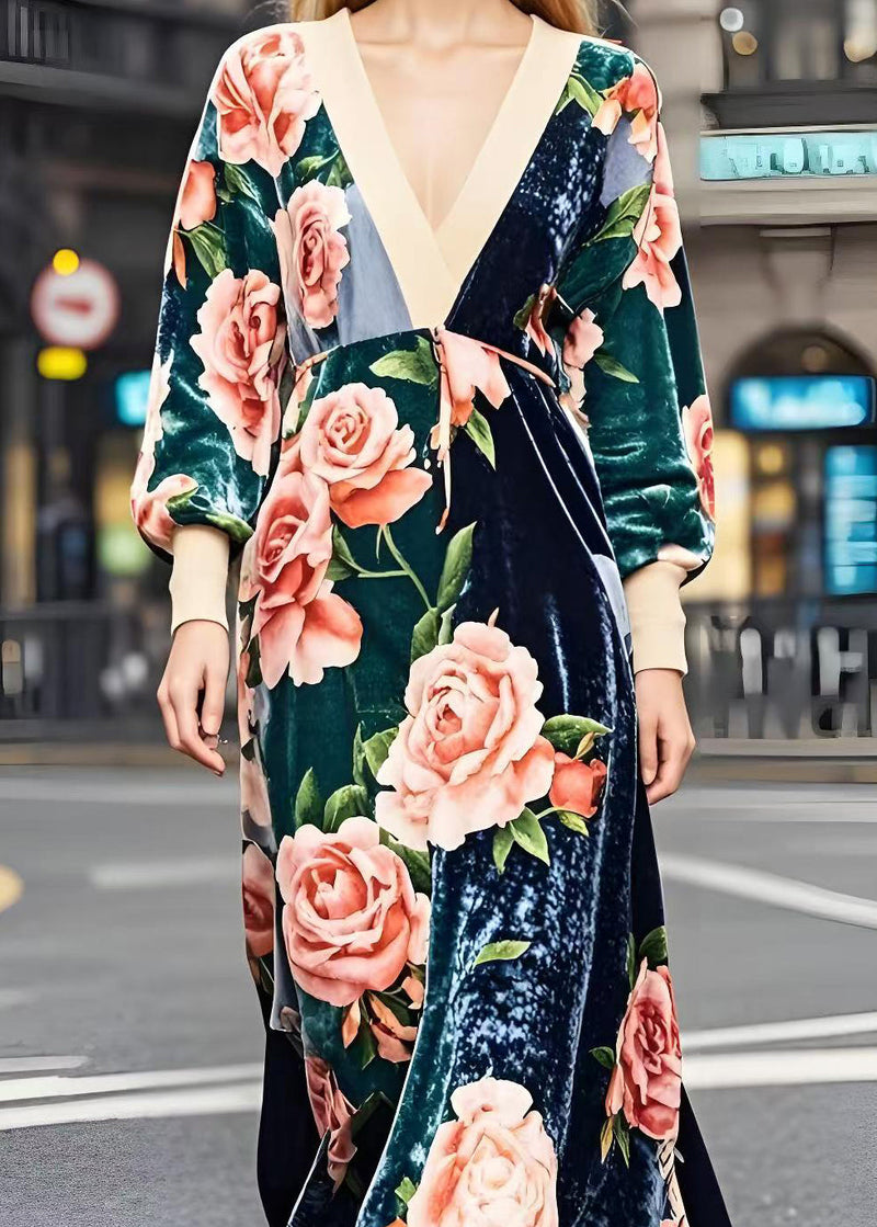 Colorblock V Neck Patchwork Print Silk Velvet Dresses Fall