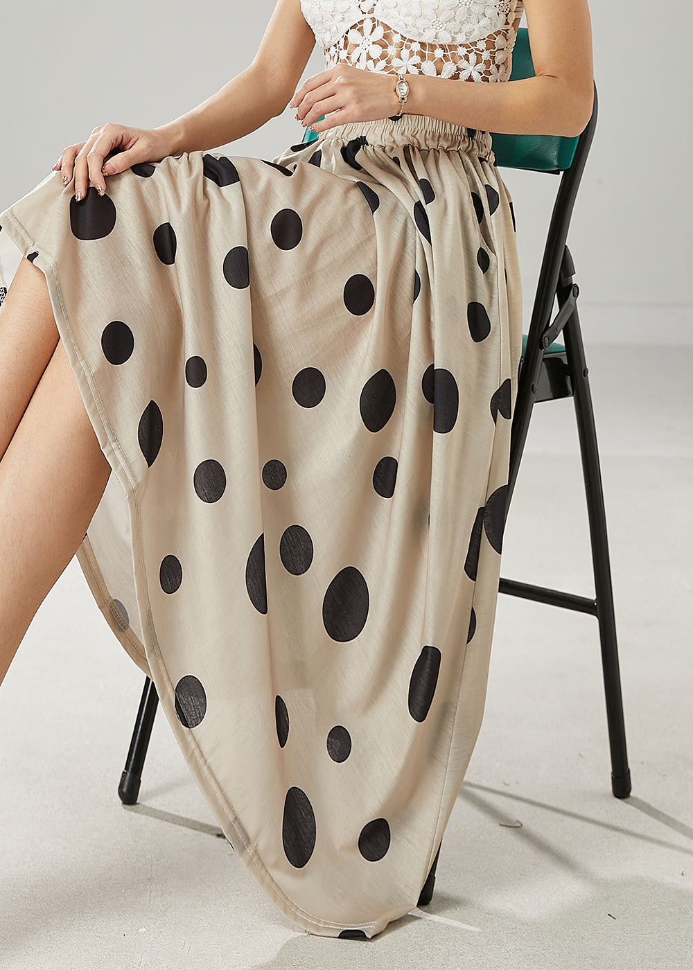 Modern Khaki Dot Print Linen a Line Skirt Summer