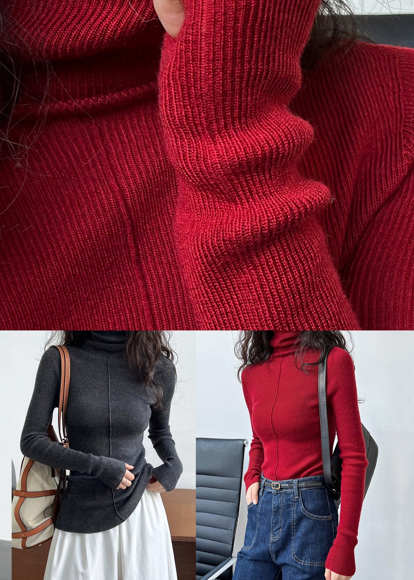 Red Turtleneck Cotton Knit Sweaters Fall