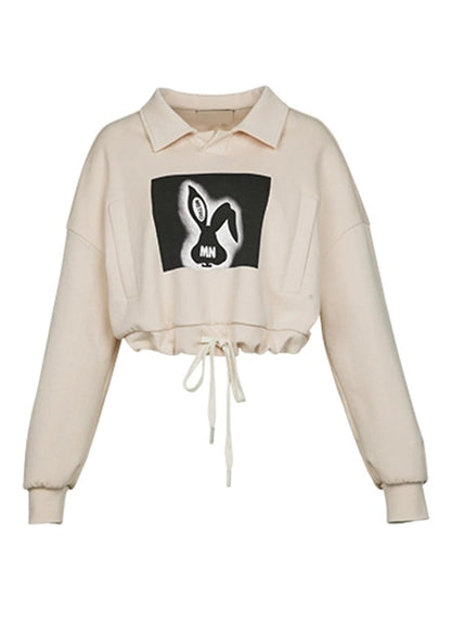 Khaki Peter Pan Collar Print Drawstring Sweatshirts Fall