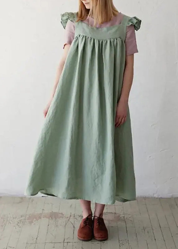 French Pink Square Collar Ruffled Cotton Spaghetti Strap Dress Summer