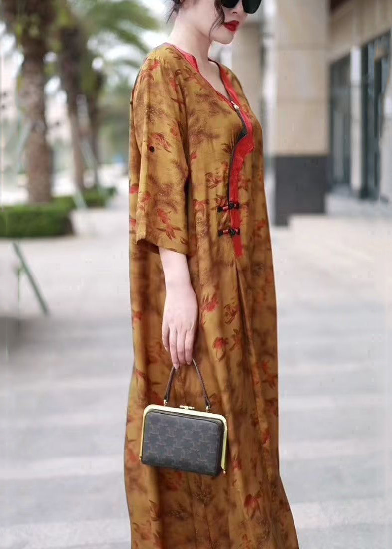 Fine Yellow V Neck Print Silk Long Dresses Bracelet Sleeve