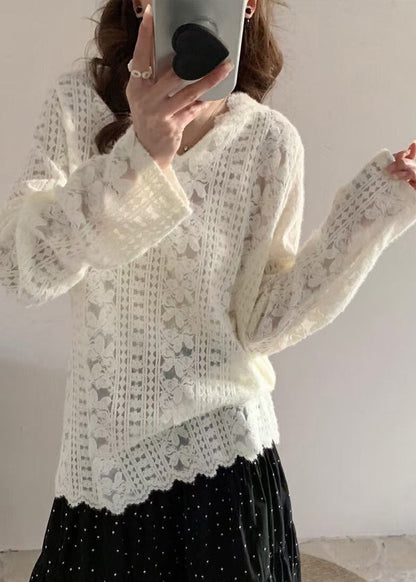 Modern White Hooded Knit Lace Shirts Spring
