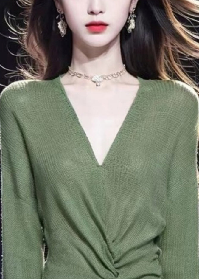 Simple Green V Neck Cozy Knit Sweater Fall