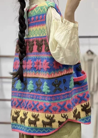 Modern Red V Neck Animal Button Cotton Knit Waistcoat Fall
