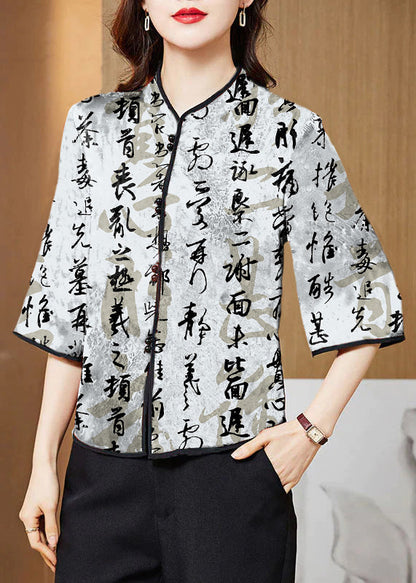 Red Mandarin Collar Print Silk Shirt Tops Half Sleeve
