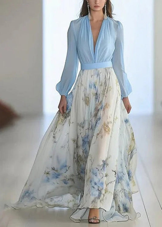 Classy Blue V Neck Print Chiffon Maxi Dresses Long Sleeve