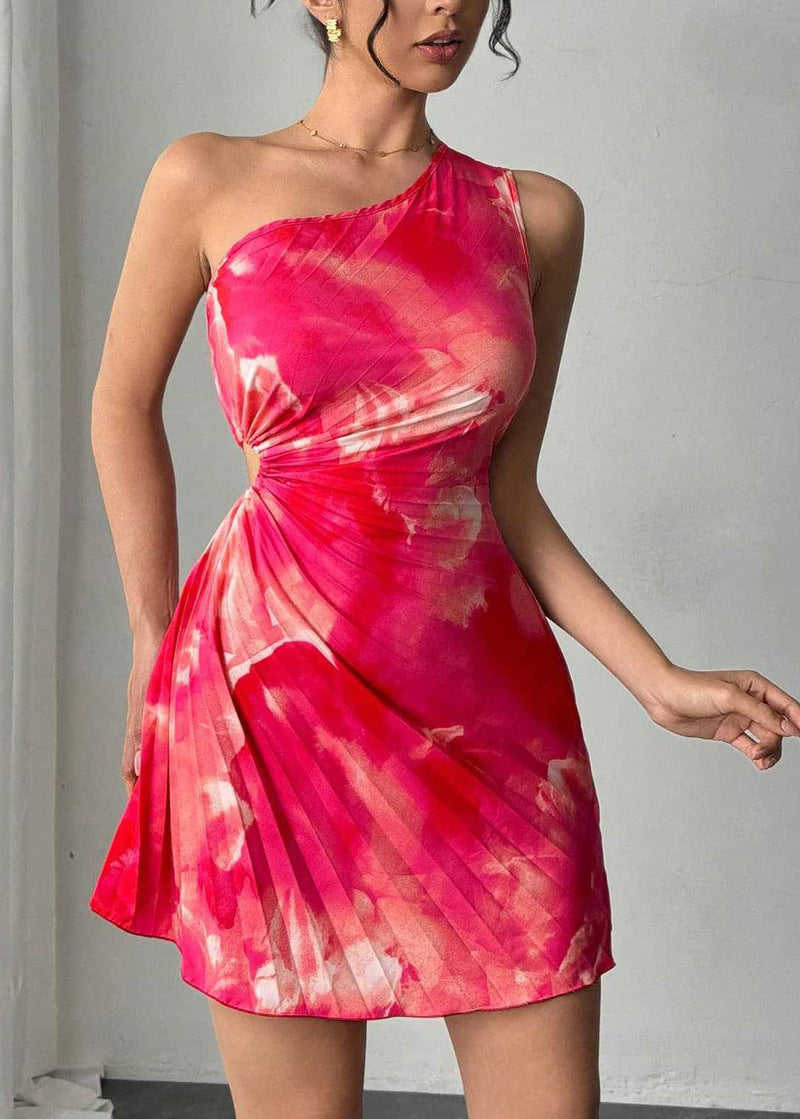 Stylish Rose One Shoulder Print Wrinkled Cotton Mid Dress Summer