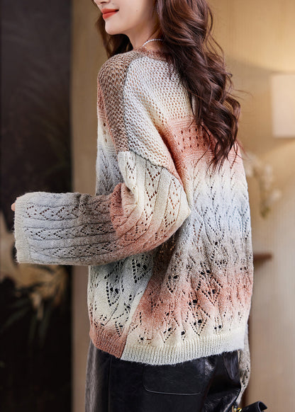 Coffee O-neck Print Cotton Knit Sweater Fall