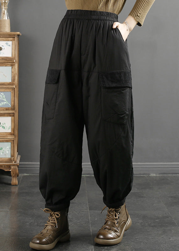 Khaki Pockets Elastic Waist Fine Cotton Filled Pants Winter