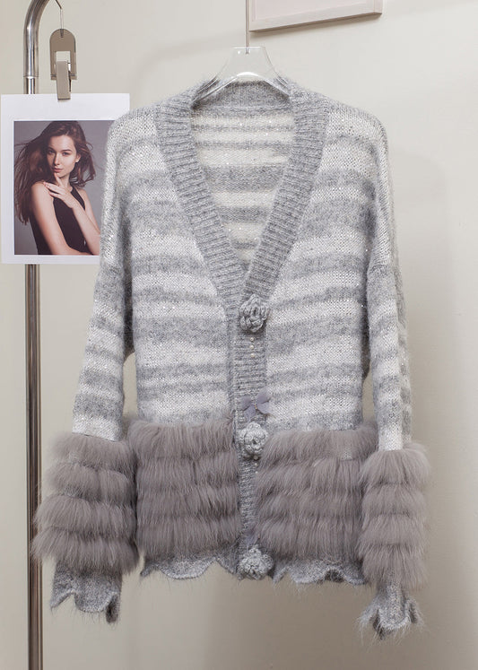 Striped Grey Fox Fur Patchwork Knit Cardigans Winter