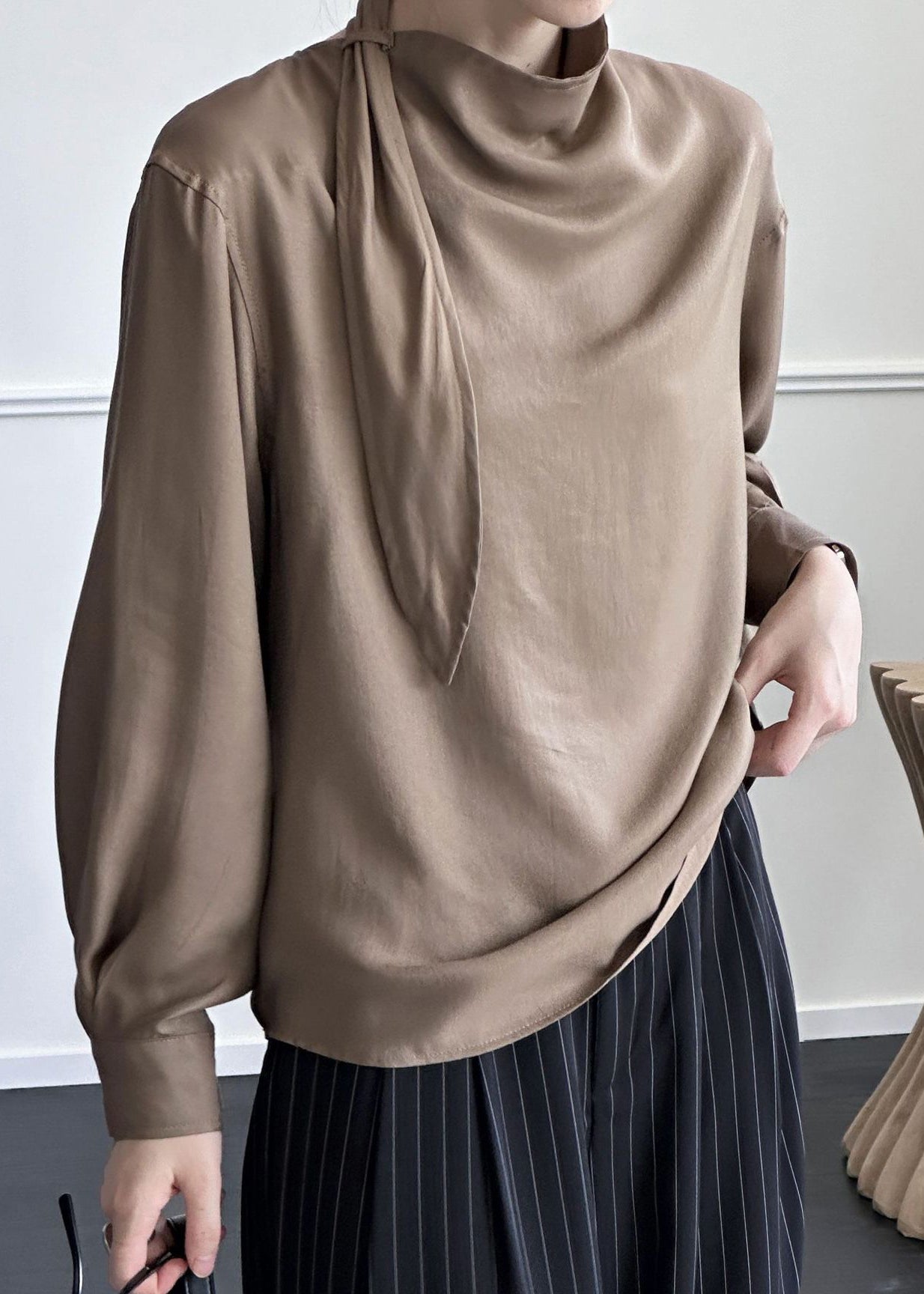 Coffee Cotton Shirt Asymmetrical Fall