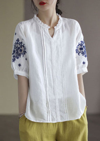 White V Neck Lace Patchwork Linen Shirt Top Short Sleeve