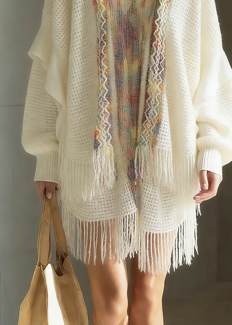 White Print Patchwork Tassel Knit Cardigan Spring