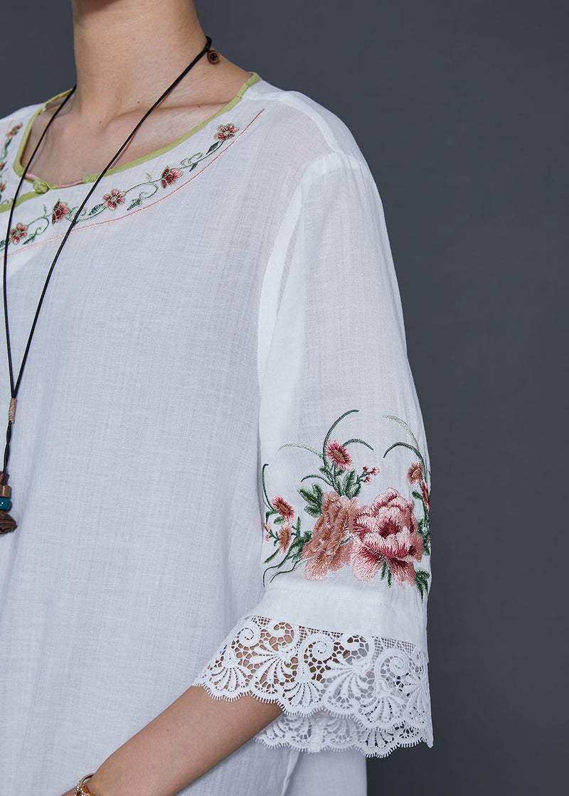 White Embroidered Patchwork Linen Oriental Dresses Summer