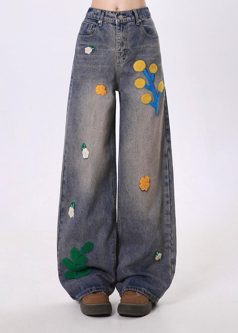 Blue Embroidered Denim Straight Pants Spring