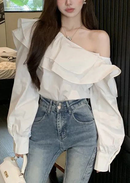 Fluorescent Green Ruffled Cotton One Shoulder Blouses Fall