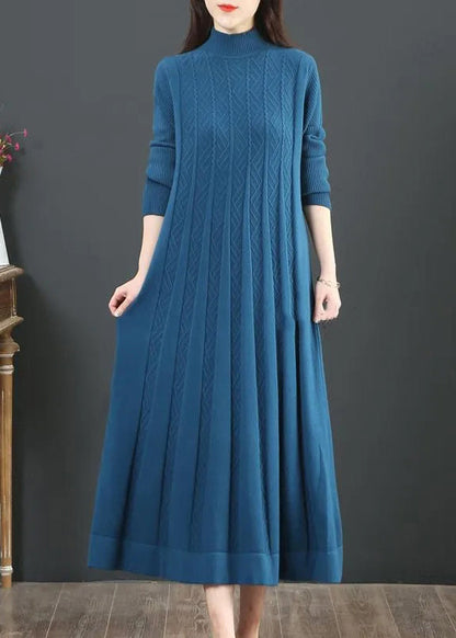 Green Stand Collar Exra Large Hem Knit Holiday Dress Spring