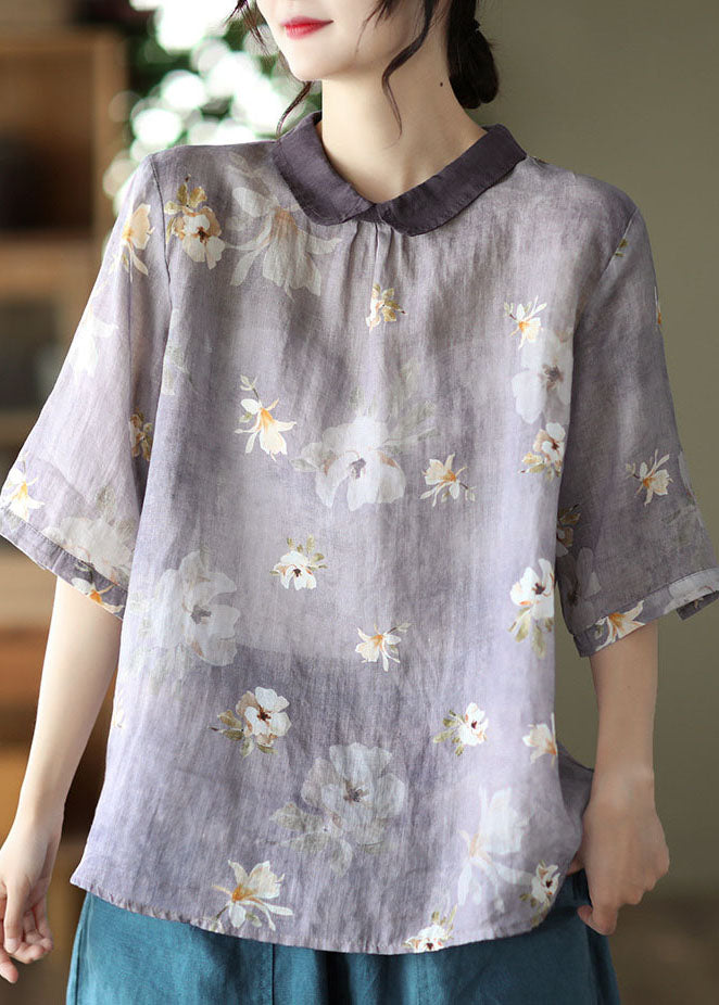 Light Purple Peter Pan Collar Print Linen Shirts Short Sleeve