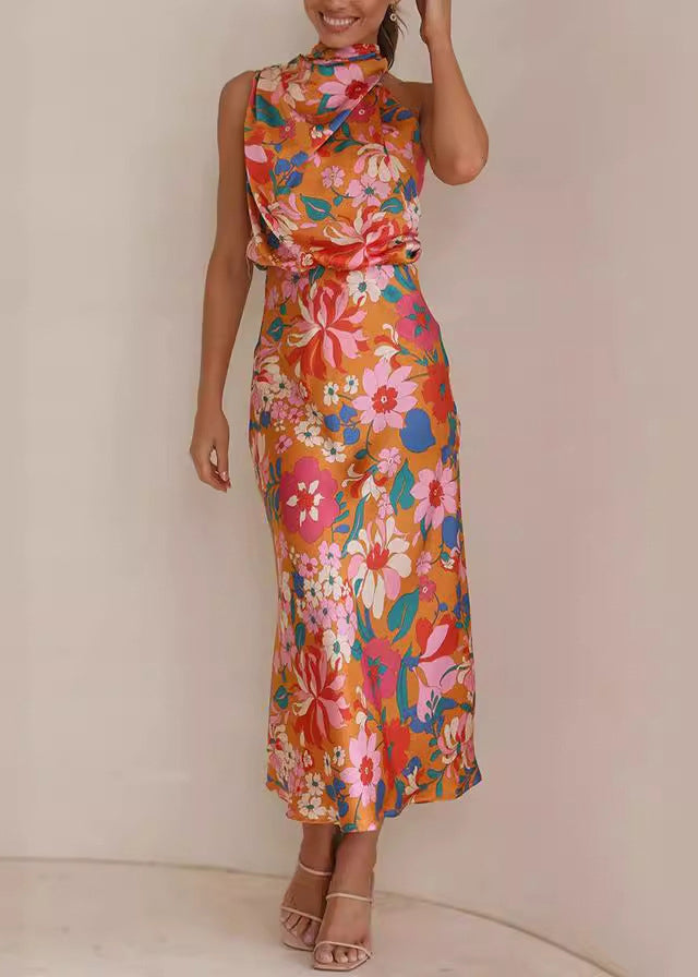 French Orange Print Lace Up Silk Dress Sleeveless