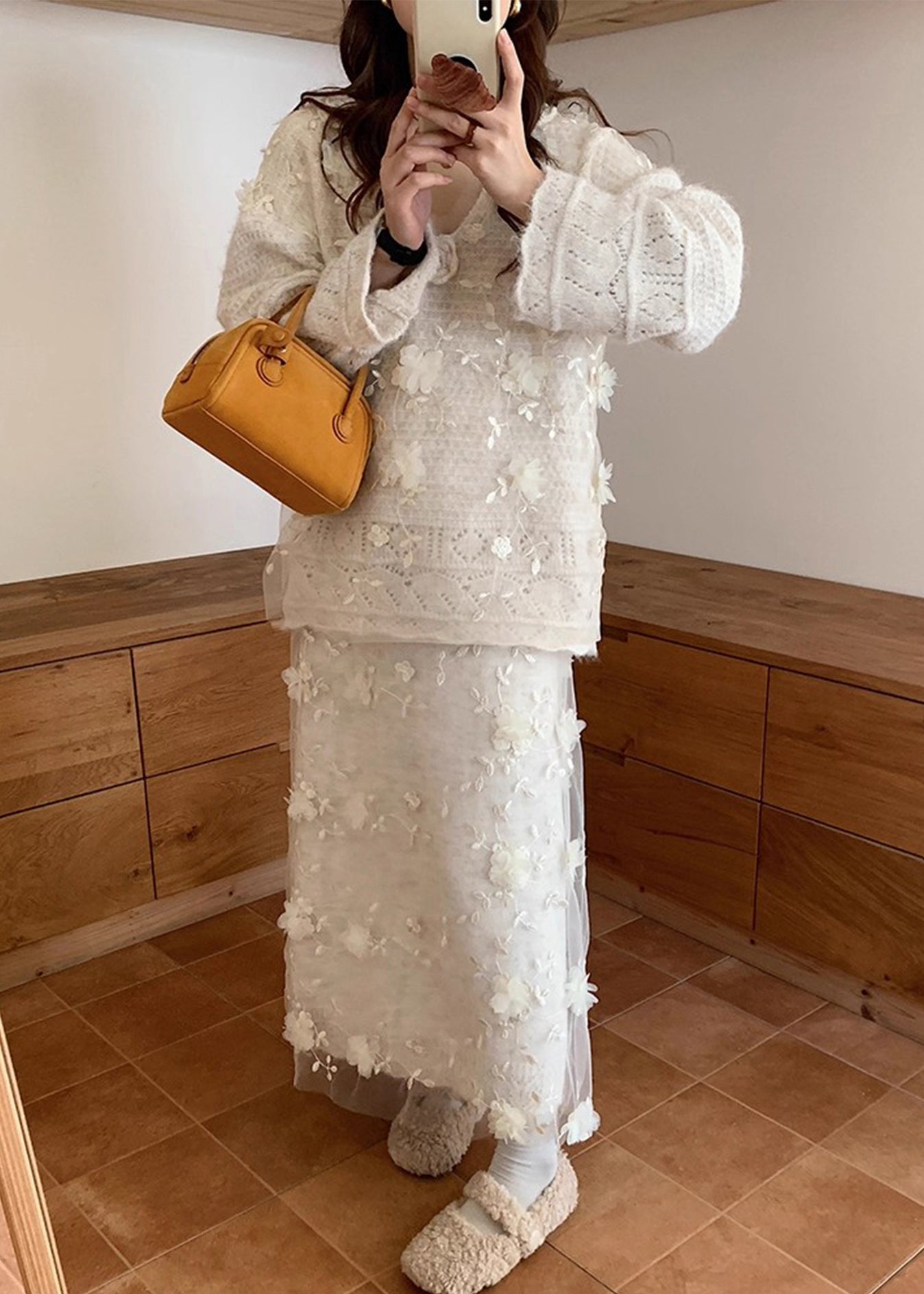 Beige Hollow Out Sweaters and Skirts Patchwork Knit Two Piece Set Fall