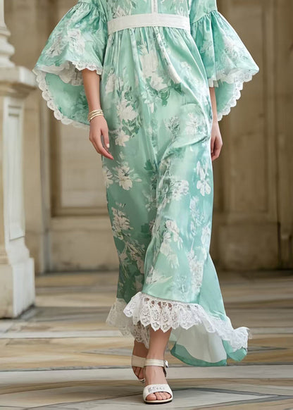 Light Green Print Tunic Patchwork Lace Party Dress Flare Sleeve