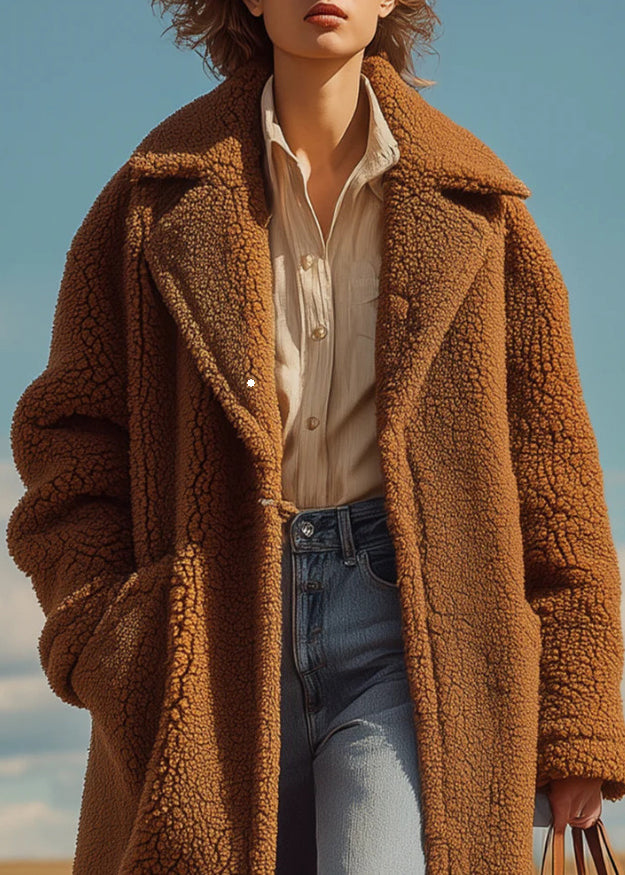 French Brown Peter Pan Collar Pockets Faux Fur Long Coats Winter