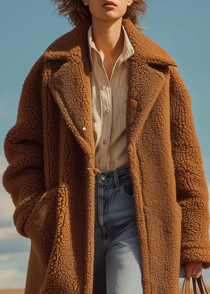 French Brown Peter Pan Collar Pockets Faux Fur Long Coats Winter