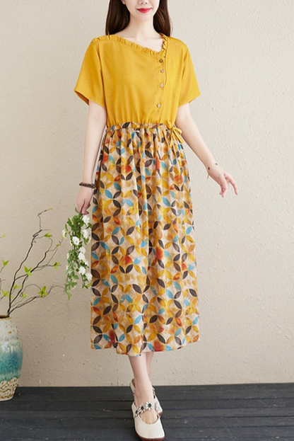 Summer Linen Dress Short Sleeve Panel Dress