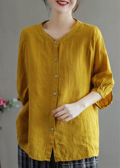 Loose Yellow O-neck Button Linen Shirts Half Sleeve
