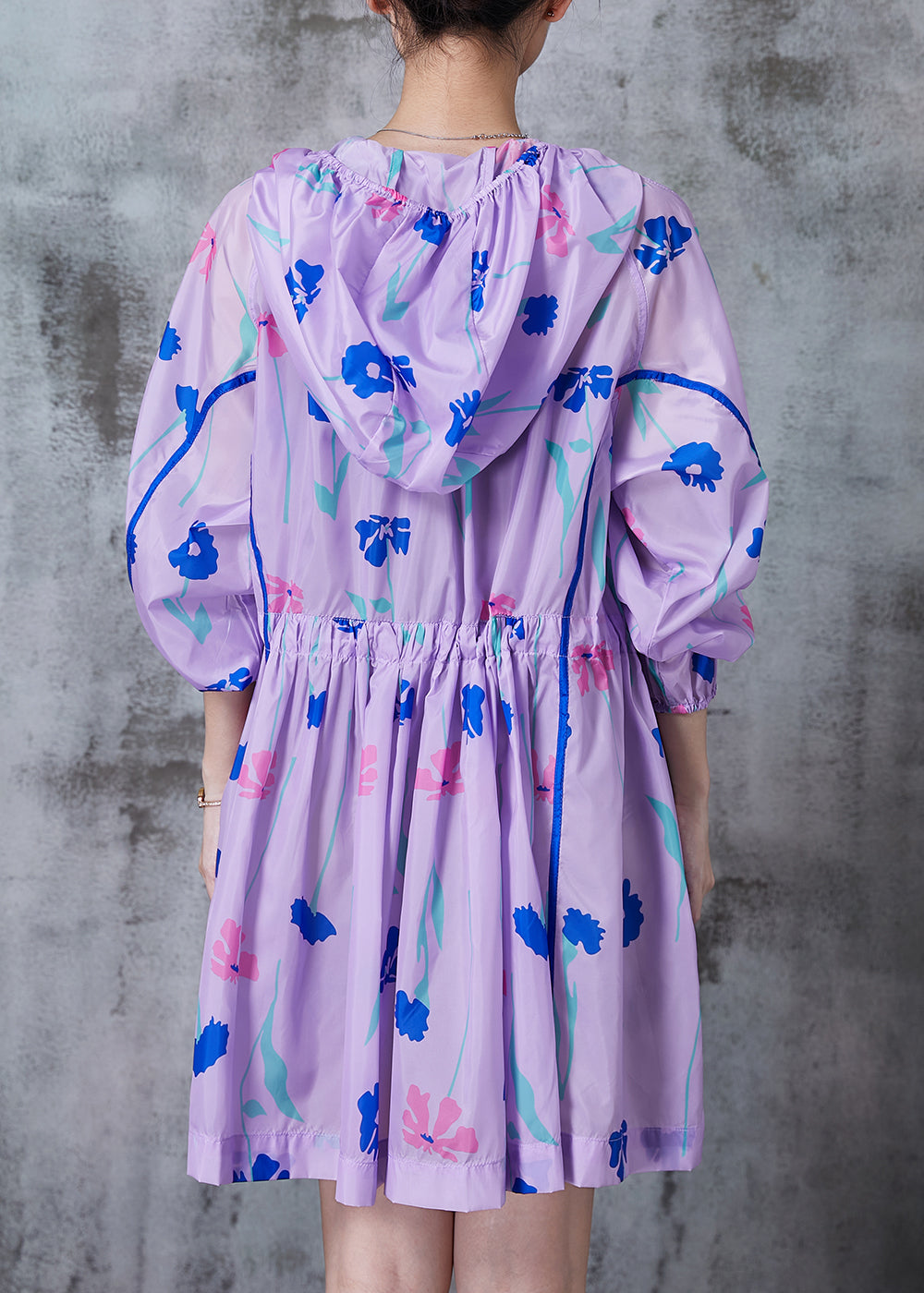 Purple Cinched Print Spandex Hoodie Trench Fall